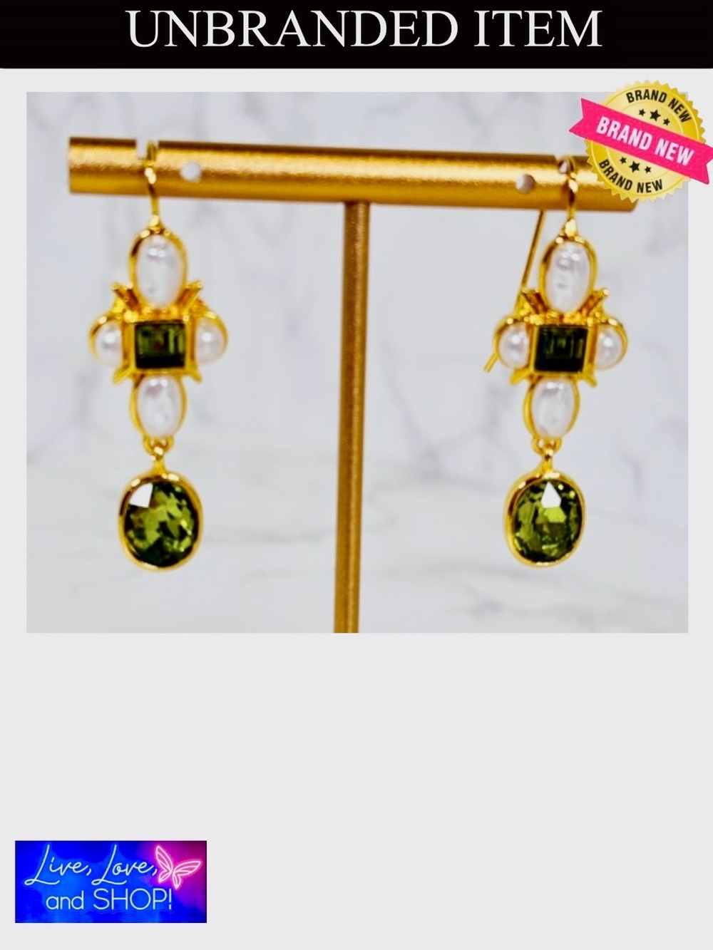 EARRINGS: Gold, Faux Pearl, and Olive Green Drops, NWOT